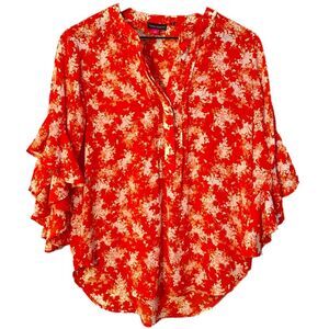 VINCE CAMUTO Sheer Ruffle Sleeve Blouse V-Neck Rounded Hem Orange White XS